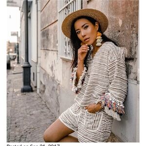 Moon River tan boho linen blend bell sleeve top/short set rainbow tassels sz S/L